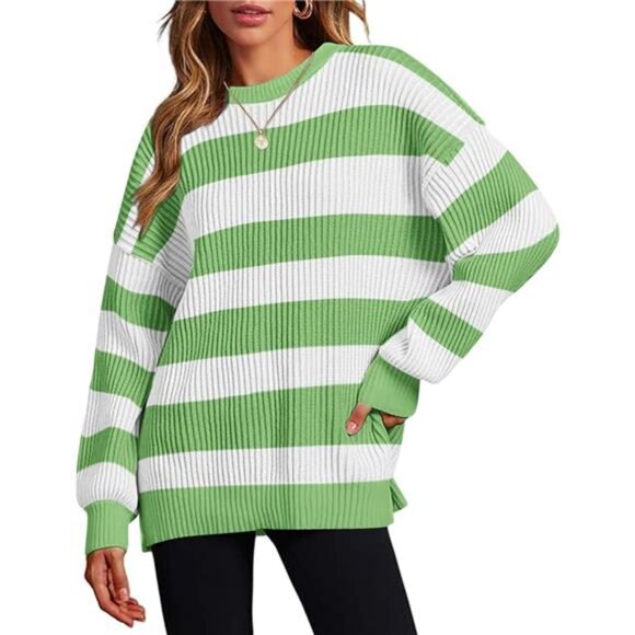 Women Fall Lightweight Oversized Sweater White Green Striped - Picture 1 of 5